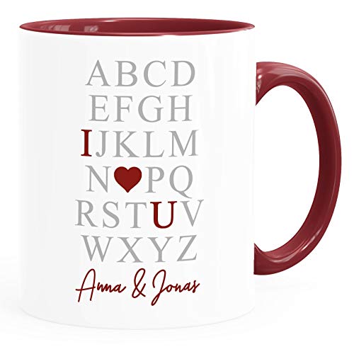 SpecialMe® Kaffee-Tasse I Love You Herz personalisiert mit Namen Alphabet Buchstaben Geschenk Liebe inner-bordeaux Keramik-Tasse von SpecialMe
