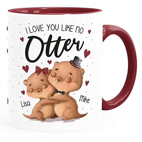 SpecialMe® Kaffee-Tasse I love you like no Otter Spruch Liebe personalisiertes Geschenk Liebeserklärung Freundin Mann mit Namen weiss-innen-bordeauxrot standard von SpecialMe