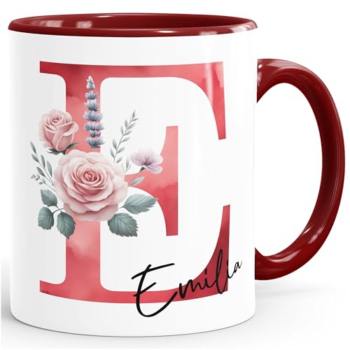SpecialMe® Kaffee-Tasse Initiale Monogramm personalisiert mit Namen Blumen Blüten Rosen persönliche Geschenke Frauen Weiss-innen-bordeauxrot standard von SpecialMe