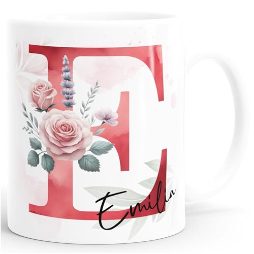 SpecialMe® Kaffee-Tasse Initiale Monogramm personalisiert mit Namen Blumen Blüten Rosen persönliche Geschenke Frauen Weiss standard von SpecialMe
