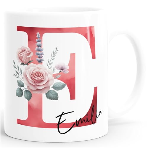 SpecialMe® Kaffee-Tasse Initiale Monogramm personalisiert mit Namen Blumen Blüten Rosen persönliche Geschenke Frauen Weiss standard von SpecialMe