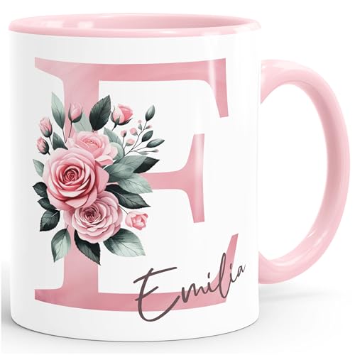 SpecialMe® Kaffee-Tasse Initiale Monogramm personalisiert mit Namen Blumen Blüten Rosen persönliche Geschenke Weiss-innen-rosa standard von SpecialMe