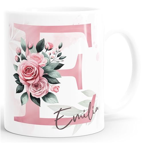 SpecialMe® Kaffee-Tasse Initiale Monogramm personalisiert mit Namen Blumen Blüten Rosen persönliche Geschenke Weiss standard von SpecialMe