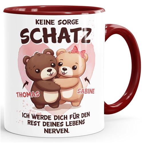 SpecialMe® Kaffee-Tasse Keine Sorge Schatz Herz personalisierbares Motiv Liebes-Geschenk Mann Frau Paar weiss-innen-bordeauxrot standard von SpecialMe
