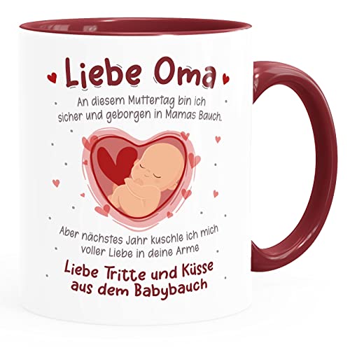 SpecialMe® Kaffee-Tasse Liebe Grüße aus dem Babybauch Spruch Geschenk Schwangerschaft verkünden -für werdende Oma zum Muttertag weiss-innen-bordeauxrot standard von SpecialMe