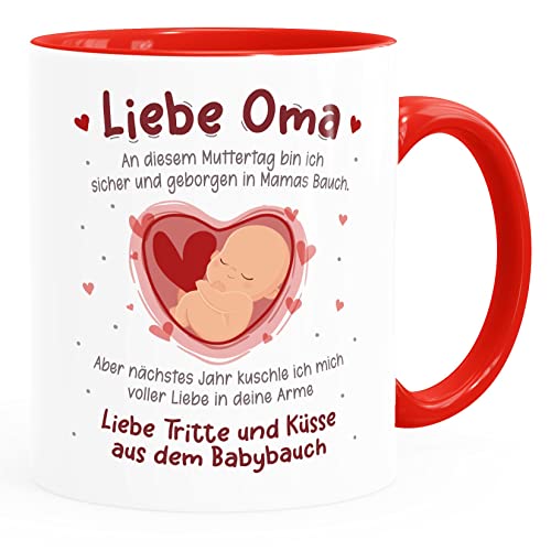 SpecialMe® Kaffee-Tasse Liebe Grüße aus dem Babybauch Spruch Geschenk Schwangerschaft verkünden -für werdende Oma zum Muttertag weiss-innen-rot standard von SpecialMe