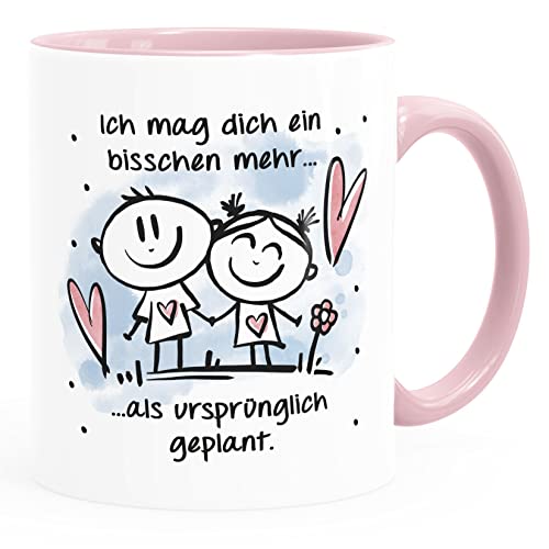 SpecialMe® Kaffee-Tasse Liebe Ich mag dich ein bisschen mehr als geplant Spruch Verliebt Herz Geschenk Valentinstag weiss-innen-rosa Keramik-Tasse von SpecialMe