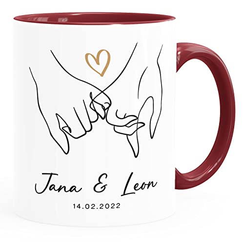 SpecialMe® Kaffee-Tasse Liebe personalisiert mit Name und Datum Hände Paar Herz Liebes-Geschenk Freundin Mann weiss-innen-bordeauxrot standard von SpecialMe