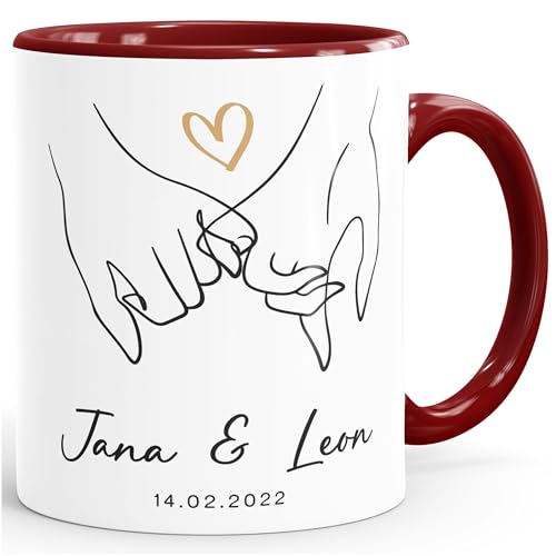 SpecialMe® Kaffee-Tasse Liebe personalisiert mit Name und Datum Hände Paar Herz Liebes-Geschenk Freundin Mann weiss-innen-bordeauxrot standard von SpecialMe
