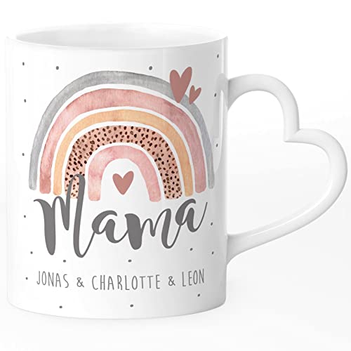 SpecialMe® Kaffee-Tasse Mama Geschenk von Kindern Motiv Regenbogen personalisiert mit Namen Muttertag weiß - Herz Herz-Tasse von SpecialMe