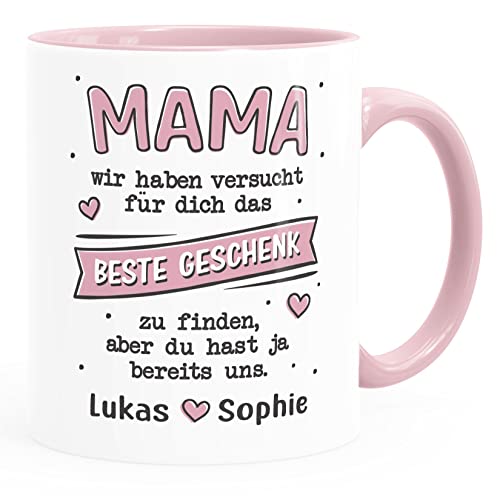 SpecialMe® Kaffee-Tasse Mama Wir haben versucht das beste Geschenk für dich zu finden personalisiert Namen Kinder Muttertag lustig Uns personalsiert weiss-innen-rosa Keramik-Tasse von SpecialMe