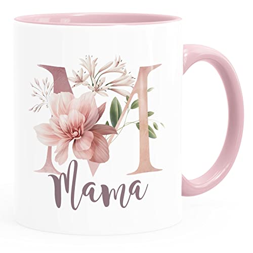 SpecialMe® Kaffee-Tasse Muttertag Initilale Anfangsbuchstabe M Blüten Blumen Geschenk für Mama weiss-innen-rosa Keramik-Tasse von SpecialMe