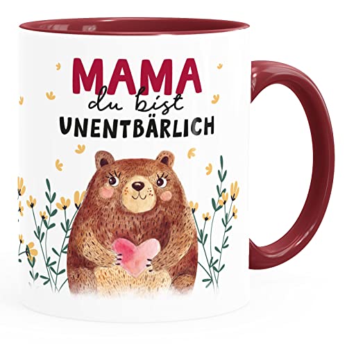 SpecialMe® Kaffee-Tasse Muttertag lustig Spruch Mama du bist unentbärlich Bär Geschenk Geburtstag Mutter weiss-innen-bordeauxrot Keramik-Tasse von SpecialMe