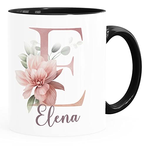 SpecialMe® Kaffee-Tasse Name Initiale Blumen Eukalyptus Floral Monogramm personalisierte Geschenke Inner-Schwarz Keramik-Tasse von SpecialMe