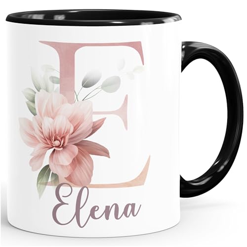 SpecialMe® Kaffee-Tasse Name Initiale Blumen Eukalyptus Floral Monogramm personalisierte Geschenke Inner-Schwarz Keramik-Tasse von SpecialMe