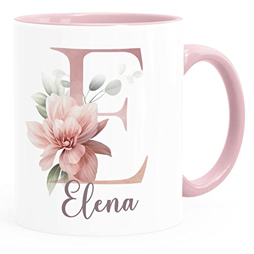 SpecialMe® Kaffee-Tasse Name Initiale Blumen Eukalyptus Floral Monogramm personalisierte Geschenke rosa Keramik-Tasse von SpecialMe