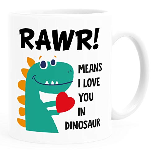 SpecialMe® Kaffee-Tasse Spruch Rawr means I Love you in dinosaur! Dinosaurier Aufdruck Geschenk Liebe Liebeserklärung Ich liebe dich weiß Keramik-Tasse von SpecialMe