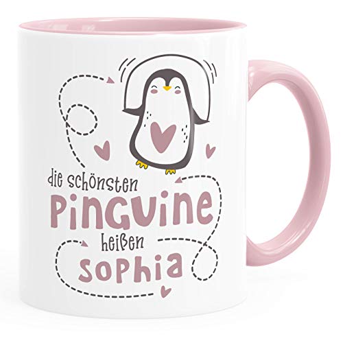 SpecialMe® Kaffee-Tasse Spruch die schönsten Pinguine heißen - eigener Name - personalisierte Geschenke Rosa inner-rosa Keramik-Tasse von SpecialMe