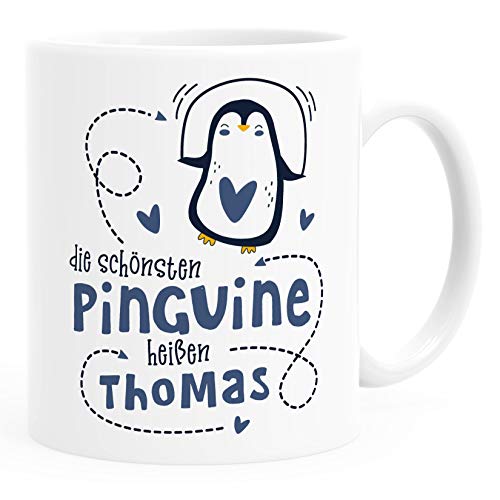 SpecialMe® Kaffee-Tasse Spruch die schönsten Pinguine heißen - eigener Name - personalisierte Geschenke weiß - navy Keramik-Tasse von SpecialMe
