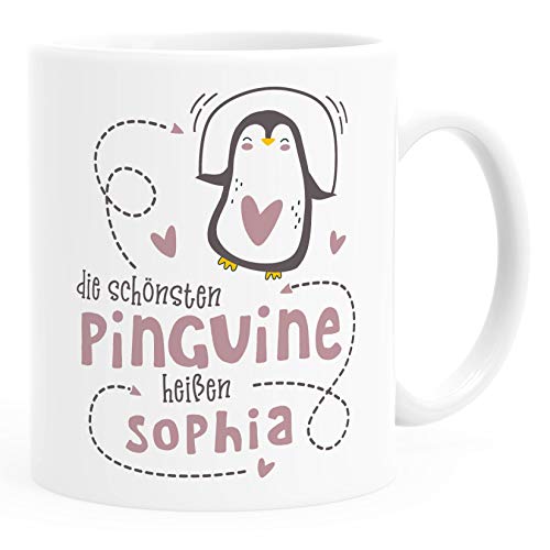 SpecialMe® Kaffee-Tasse Spruch die schönsten Pinguine heißen - eigener Name - personalisierte Geschenke weiß-rosa Keramik-Tasse von SpecialMe