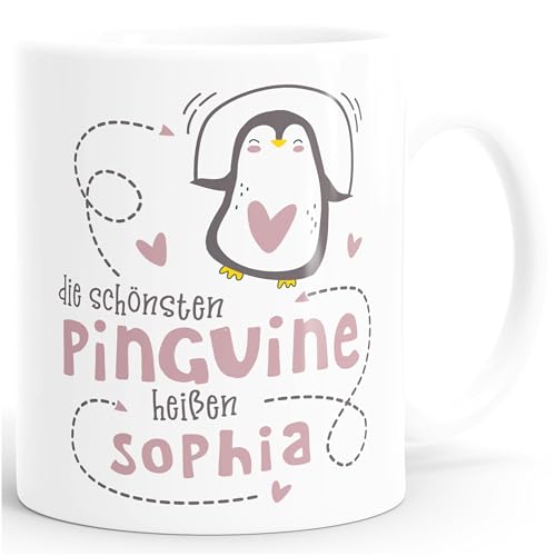 SpecialMe® Kaffee-Tasse Spruch die schönsten Pinguine heißen - eigener Name - personalisierte Geschenke weiß-rosa Keramik-Tasse von SpecialMe