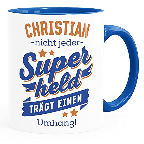 SpecialMe® Kaffee-Tasse Superheld Spruch Nicht jeder Superheld trägt einen Umhang mit Namen persönliche Geschenke Danke Held blau Keramik-Tasse von SpecialMe