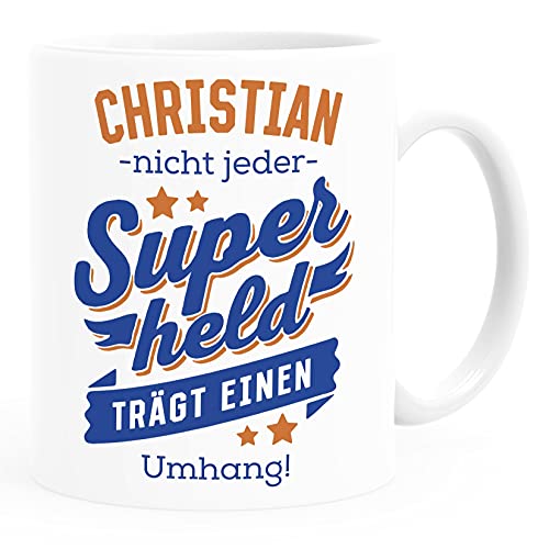SpecialMe® Kaffee-Tasse Superheld Spruch Nicht jeder Superheld trägt einen Umhang mit Namen persönliche Geschenke Danke Held weiß/blau Keramik-Tasse von SpecialMe