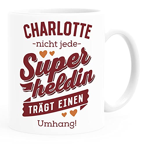 SpecialMe® Kaffee-Tasse Superheld Spruch Nicht jeder Superheld trägt einen Umhang mit Namen persönliche Geschenke Danke Heldin weiß-bordeaux Keramik-Tasse von SpecialMe