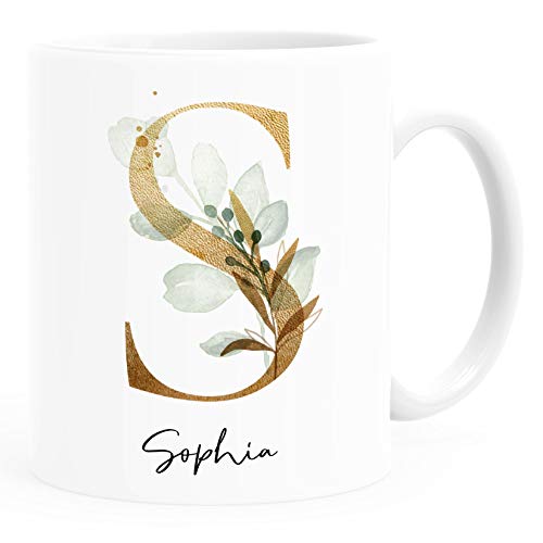 SpecialMe® Kaffee-Tasse mit Buchstabe Initiale Monogramm individuell mit Namen personalisert Eukalyptus persönliche Geschenke weiß Keramik-Tasse von SpecialMe