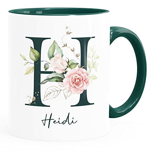 SpecialMe® Kaffee-Tasse mit Buchstabe Initiale Monogramm personalisiert mit Namen Rosen-Motiv persönliche Geschenke inner-grün Keramik-Tasse von SpecialMe