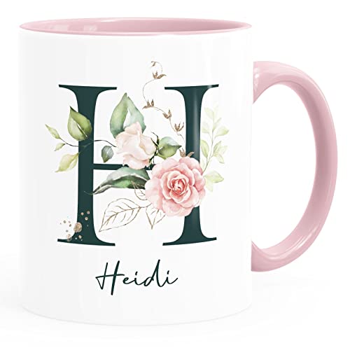 SpecialMe® Kaffee-Tasse mit Buchstabe Initiale Monogramm personalisiert mit Namen Rosen-Motiv persönliche Geschenke rosa Keramik-Tasse von SpecialMe