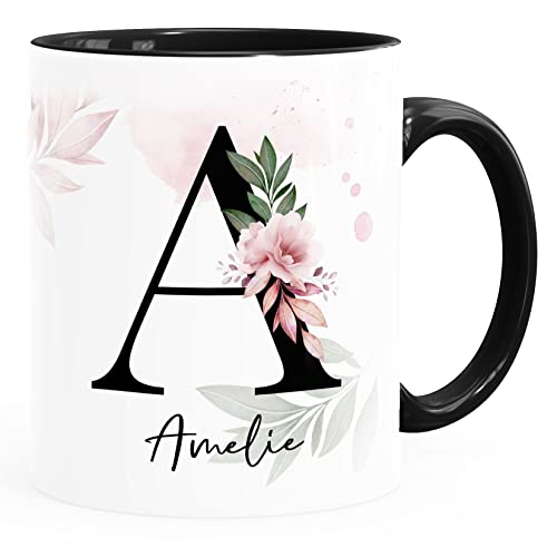 SpecialMe® Kaffee-Tasse mit Buchstabe Monogramm personalisiert mit Namen Initiale Blumen-Motiv persönliche Geschenke Blumenhintergrund Inner-Schwarz Keramik-Tasse von SpecialMe