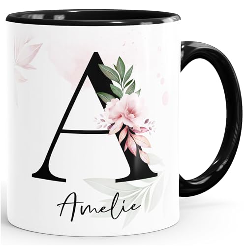 SpecialMe® Kaffee-Tasse mit Buchstabe Monogramm personalisiert mit Namen Initiale Blumen-Motiv persönliche Geschenke Blumenhintergrund Inner-Schwarz Keramik-Tasse von SpecialMe