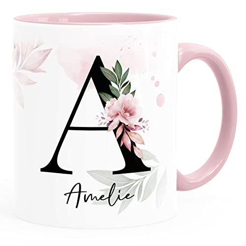 SpecialMe® Kaffee-Tasse mit Buchstabe Monogramm personalisiert mit Namen Initiale Blumen-Motiv persönliche Geschenke Blumenhintergrund rosa Keramik-Tasse von SpecialMe