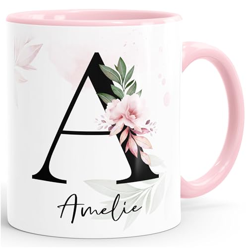 SpecialMe® Kaffee-Tasse mit Buchstabe Monogramm personalisiert mit Namen Initiale Blumen-Motiv persönliche Geschenke Blumenhintergrund rosa Keramik-Tasse von SpecialMe