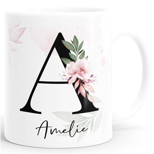 SpecialMe® Kaffee-Tasse mit Buchstabe Monogramm personalisiert mit Namen Initiale Blumen-Motiv persönliche Geschenke Blumenhintergrund weiß Keramik-Tasse von SpecialMe