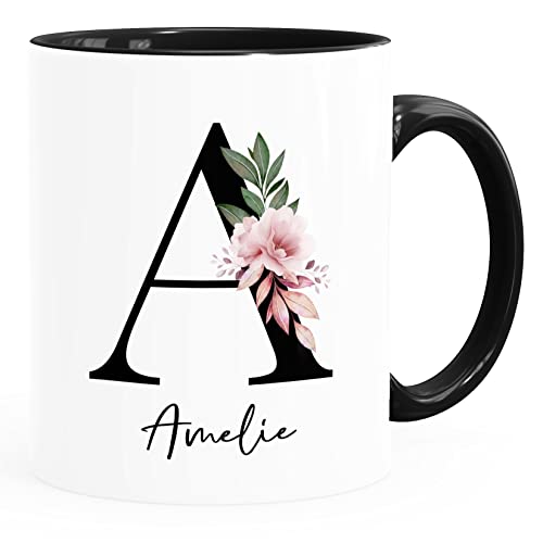 SpecialMe® Kaffee-Tasse mit Buchstabe Monogramm personalisiert mit Namen Initiale Blumen-Motiv persönliche Geschenke Inner-Schwarz Keramik-Tasse von SpecialMe