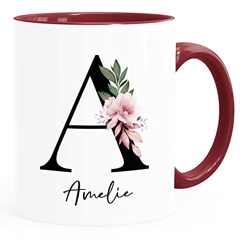 SpecialMe® Kaffee-Tasse mit Buchstabe Monogramm personalisiert mit Namen Initiale Blumen-Motiv persönliche Geschenke bordeauxrot Keramik-Tasse von SpecialMe