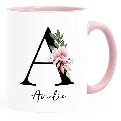 SpecialMe® Kaffee-Tasse mit Buchstabe Monogramm personalisiert mit Namen Initiale Blumen-Motiv persönliche Geschenke rosa Keramik-Tasse von SpecialMe