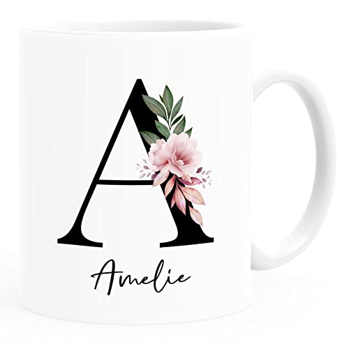 SpecialMe® Kaffee-Tasse mit Buchstabe Monogramm personalisiert mit Namen Initiale Blumen-Motiv persönliche Geschenke weiß Keramik-Tasse von SpecialMe