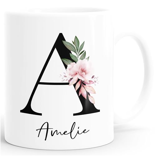 SpecialMe® Kaffee-Tasse mit Buchstabe Monogramm personalisiert mit Namen Initiale Blumen-Motiv persönliche Geschenke weiß Keramik-Tasse von SpecialMe