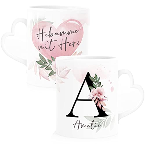 SpecialMe® Kaffee-Tasse mit Name Spruch Herz-Henkel Initiale Monogramm Dankeschön personalisierte Geschenke Hebamme weiß Herz-Tasse von SpecialMe