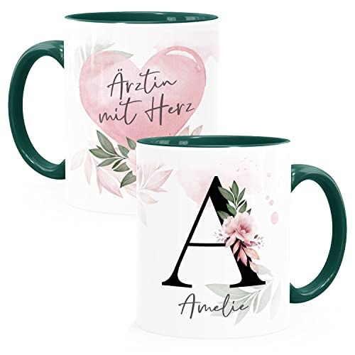 SpecialMe® Kaffee-Tasse mit Name und Spruch mit Herz Initiale Monogramm Dankeschön personalisierte Geschenke Ärztin inner-grün Keramik-Tasse von SpecialMe