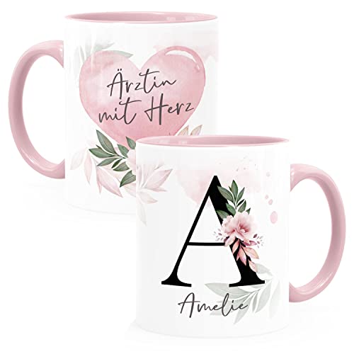 SpecialMe® Kaffee-Tasse mit Name und Spruch mit Herz Initiale Monogramm Dankeschön personalisierte Geschenke Ärztin rosa Keramik-Tasse von SpecialMe