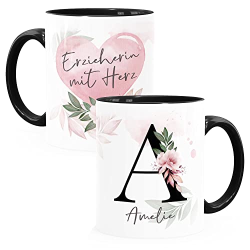 SpecialMe® Kaffee-Tasse mit Name und Spruch mit Herz Initiale Monogramm Dankeschön personalisierte Geschenke Erzieherin Inner-Schwarz Keramik-Tasse von SpecialMe