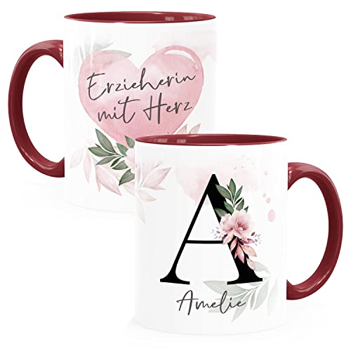 SpecialMe® Kaffee-Tasse mit Name und Spruch mit Herz Initiale Monogramm Dankeschön personalisierte Geschenke Erzieherin bordeauxrot Keramik-Tasse von SpecialMe