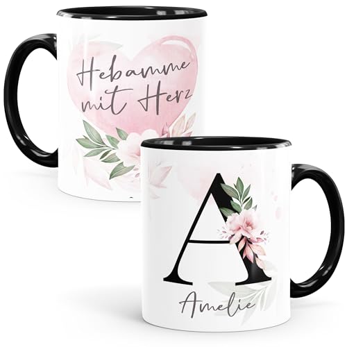 SpecialMe® Kaffee-Tasse mit Name und Spruch mit Herz Initiale Monogramm Dankeschön personalisierte Geschenke Hebamme Inner-Schwarz Keramik-Tasse von SpecialMe