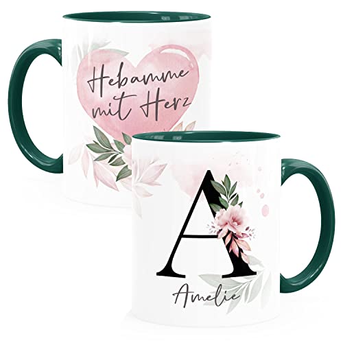 SpecialMe® Kaffee-Tasse mit Name und Spruch mit Herz Initiale Monogramm Dankeschön personalisierte Geschenke Hebamme inner-grün Keramik-Tasse von SpecialMe