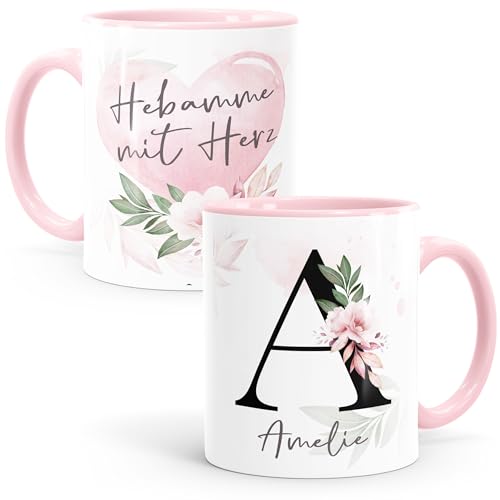 SpecialMe® Kaffee-Tasse mit Name und Spruch mit Herz Initiale Monogramm Dankeschön personalisierte Geschenke Hebamme rosa Keramik-Tasse von SpecialMe