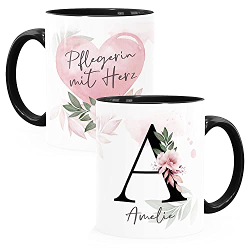 SpecialMe® Kaffee-Tasse mit Name und Spruch mit Herz Initiale Monogramm Dankeschön personalisierte Geschenke Pflegerin Inner-Schwarz Keramik-Tasse von SpecialMe